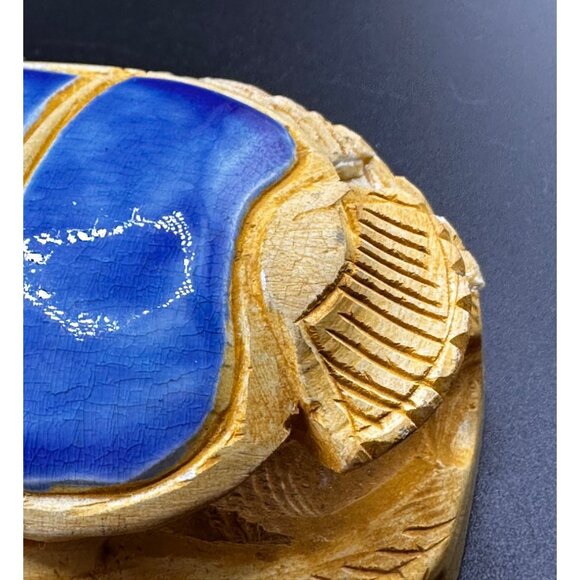 Egyptian Blue Sand Scarab Beetle Statue Heiroglyphics on bottom REPAIRED READ - Picture 14 of 16